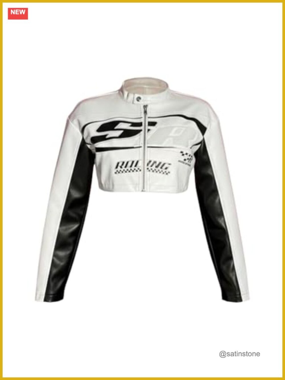 Women's Leather Cropped Jacket Motorcycle Varsity Zip Up Biker Coat Going Out